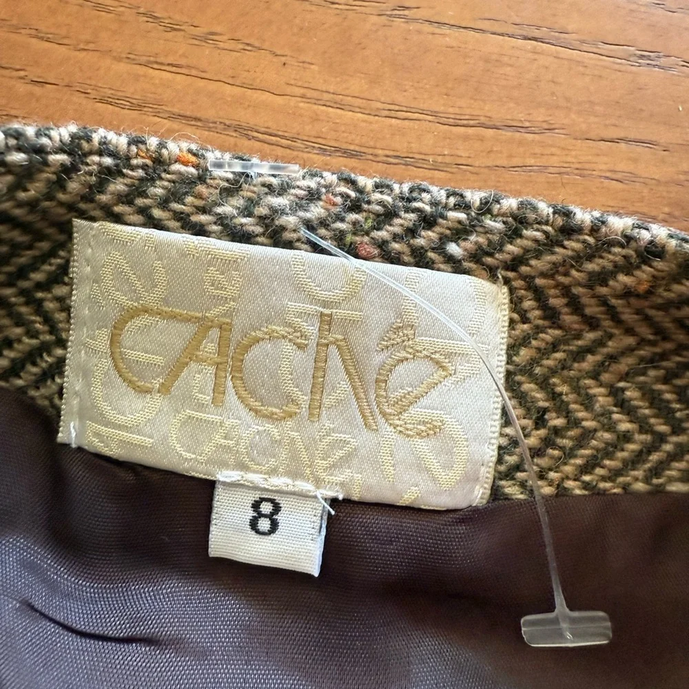 Y2K Cache Tweed Herringbone Mini Skirt‎ Leather Zipper Size 8